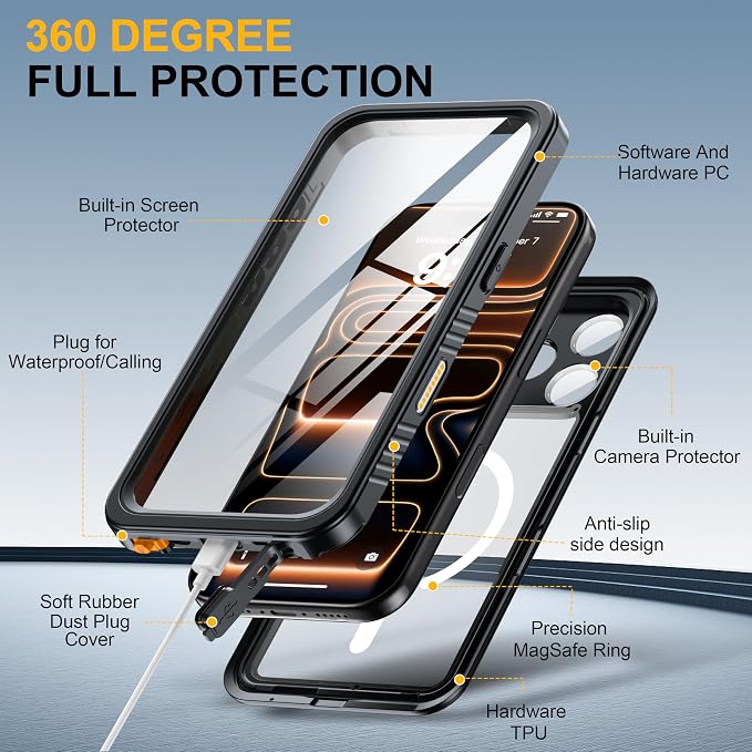 ANTSHARE for iPhone 17 Pro Case, Compatible with Magsafe, IP68 Waterproof Case, [Built-in Screen Protector] - 12 FT Military Dropproof - Full Body Heavy Duty Rugged Phone Cover - Black/Clear