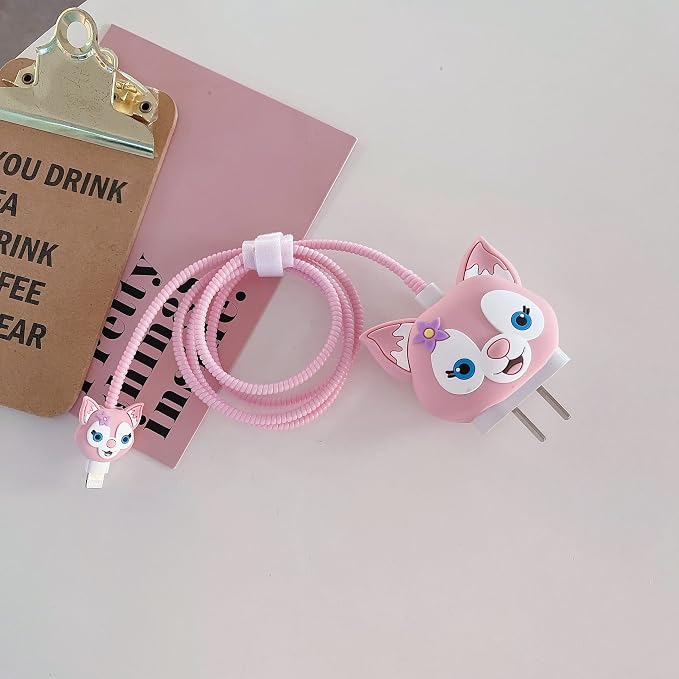 3D Cute Wall Charger Protector Case - Compatible for Apple 20W USB-C Power Adapter and Lightning Cable (Pink Lina)
