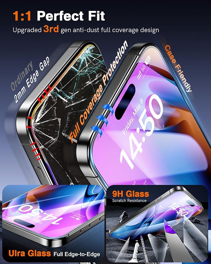 LK 3 Pack for iPhone 15 Pro Screen Protector [Auto-Dusting 0 Bubble] Military Grade Shatterproof, Full Coverage HD Ultra Tempered Glass Screen Protector for 15 Pro [One-Pull Install] Anti-Scratch