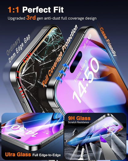 LK 3 Pack for iPhone 15 Pro Screen Protector [Auto-Dusting 0 Bubble] Military Grade Shatterproof, Full Coverage HD Ultra Tempered Glass Screen Protector for 15 Pro [One-Pull Install] Anti-Scratch
