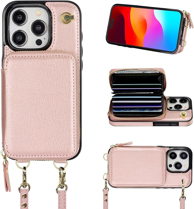 Bocasal Crossbody Wallet Case for iPhone 15 Pro, RFID Blocking Leather Purse Case with Card Holder, Protective Handbag Flip Cover with Zipper Wrist Strap Lanyard for Women 5G 6.1 Inch (Rose Gold)