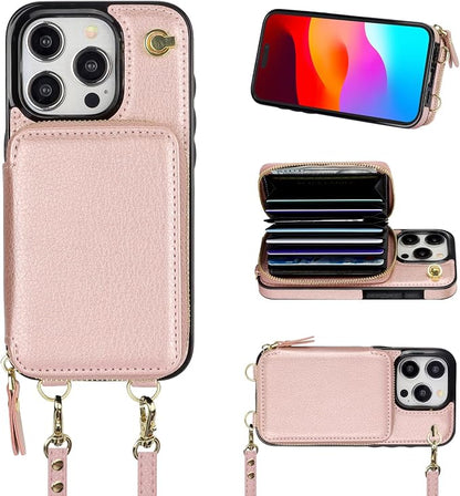 Bocasal Crossbody Wallet Case for iPhone 15 Pro, RFID Blocking Leather Purse Case with Card Holder, Protective Handbag Flip Cover with Zipper Wrist Strap Lanyard for Women 5G 6.1 Inch (Rose Gold)