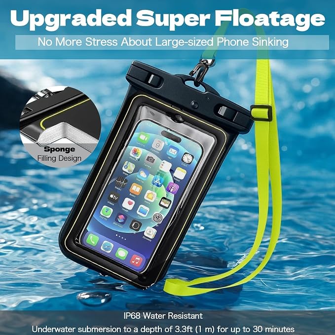 MOLOSLEEVE Floating Waterproof Pouch, with Adjustable Neck Lanyard, Marine IP68 Cellphone Dry Bag Compatible with 17/16/15/14/13 Pro Max/12/S24 Up to 7", 1 Pack-Black/Yellow