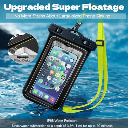 MOLOSLEEVE Floating Waterproof Pouch, with Adjustable Neck Lanyard, Marine IP68 Cellphone Dry Bag Compatible with 17/16/15/14/13 Pro Max/12/S24 Up to 7", 1 Pack-Black/Yellow