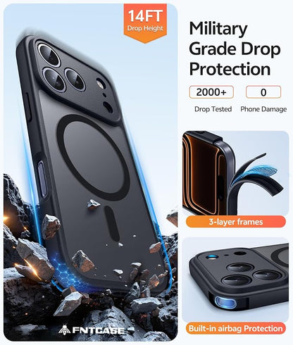 FNTCASE for iPhone 17 Pro Max Case: [Compatible with Magsafe] Translucent Matte Cases with [Full Camera Protection] [Screen Protector] Military Grade Shockproof Protective Phone Cover - Black Circle