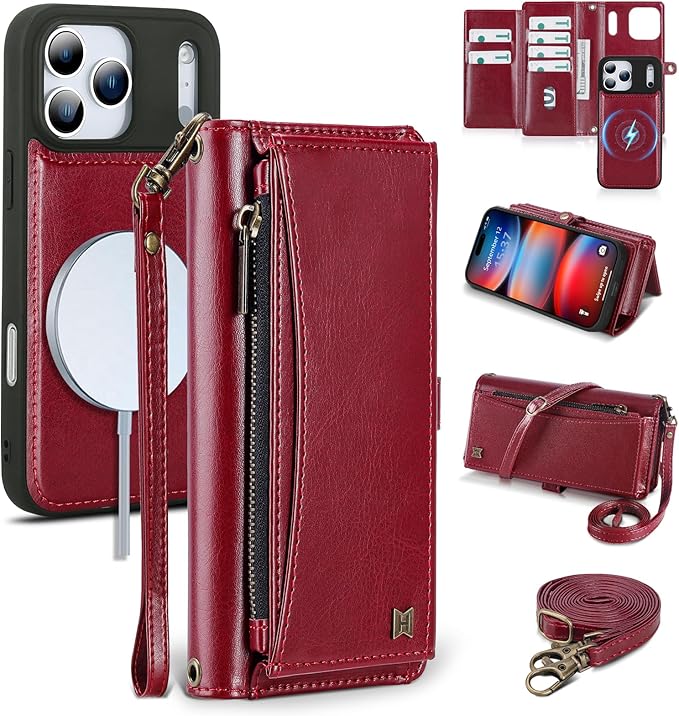 Wallet Case for iPhone 17 Pro Max with Card Holder/Crossbody Wallet/Strap,[RFID Blocking][Magnetic] PU Leather Phone Case for iPhone 17 Pro Max,6.9 in,Wine Red