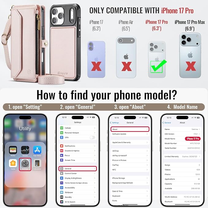 Strapurs for iPhone 17 Pro Detachable Wallet Case Compatible with Magsafe, RFID Blocking 9-Card Holder Zipper Wrist Strap Lanyard PU Leather Magnetic Phone Case for iPhone 17 Pro 6.3", Rose Gold