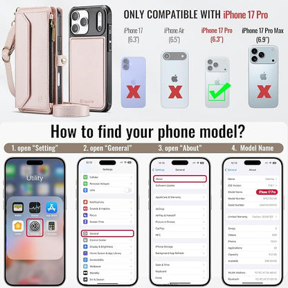 Strapurs for iPhone 17 Pro Detachable Wallet Case Compatible with Magsafe, RFID Blocking 9-Card Holder Zipper Wrist Strap Lanyard PU Leather Magnetic Phone Case for iPhone 17 Pro 6.3", Rose Gold