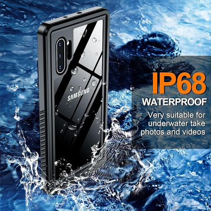 Hualele for Samsung Galaxy Note 10 Plus Case Waterproof, Built in Lens & Screen Protector Rugged Full Body Protective Military Grade IP68 Underwater Cover Case for Galaxy Note 10+ Plus Black