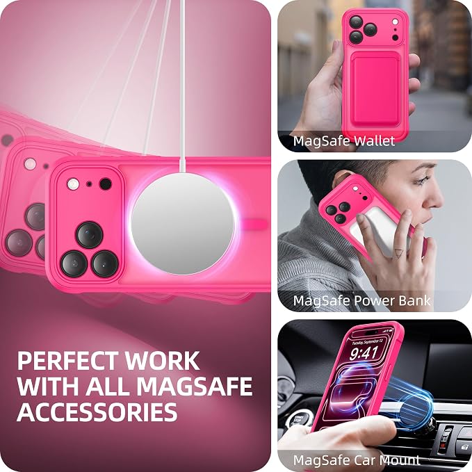 BERFY for iPhone 17 Pro Max Case, Compatible with MagSafe, Built-in Glass Screen Protector, Camera Protection, Shockproof Full Body Phone case 6.9", Translucent Hot Pink
