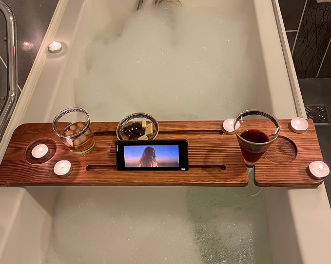 Handmade Wooden Bathtub Tray - 3 Different Size Options - Rustic Structure - Water Insulator - Bath Tray Caddy with Wine Glass Holder (36", NATURAL MAHOGANY)