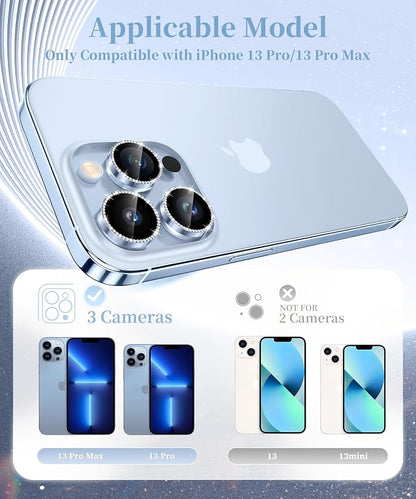 GolbinBox Camera Lens Protector for iPhone 13 Pro/13 Pro Max, 1:1 Invisible Fit, 9H Tempered Glass Ultra HD Metal Individual Camera Cover for Women, Case Friendly, Bling/Blue