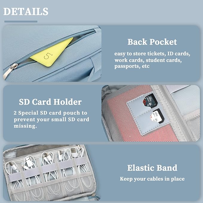Lanola Custom Personalized Travel Cable Organizer Bag, Electronic Accessories Case Portable Double Layer Cable Storage Bag with DIY Dividers & Custom Photo Text - Light blue
