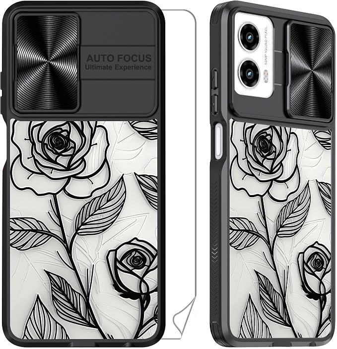 for Motorola Moto G 5G 2024 Case with Rose, Metal Slide Camera Cover, Screen Protector, Anti-Peeping Privacy Safeguard, Camera Lens Protector Phone Case for Moto G 5G 2024