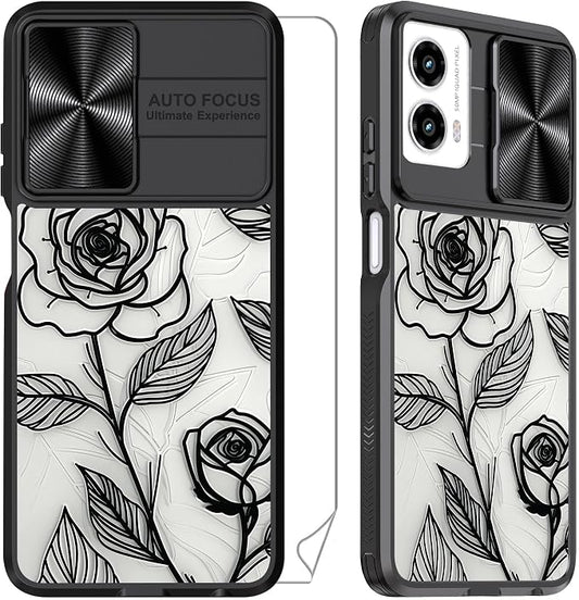 for Motorola Moto G 5G 2024 Case with Rose, Metal Slide Camera Cover, Screen Protector, Anti-Peeping Privacy Safeguard, Camera Lens Protector Phone Case for Moto G 5G 2024