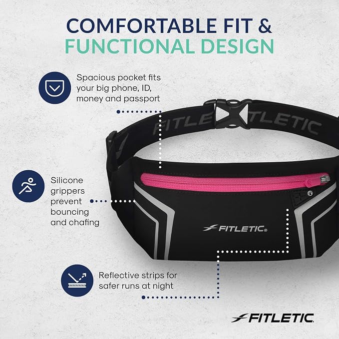 Fitletic Modern Sports Running Belt For Men & Women – Water Resistant Pouch - Fits All Smart Phones- Lightweight, Low Profile Design –Lycra Coated With Inner Card Organizer Pocket Black/Pink Zipper