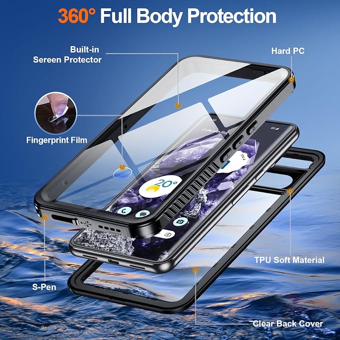 Hualele Pixel 8 Waterproof Case IP68 Underwater Case with Built-in Screen and Lens Protector, Rugged Full Body Sealed Heavy Duty Shockproof Case for Google Pixel 8 Black/Clear