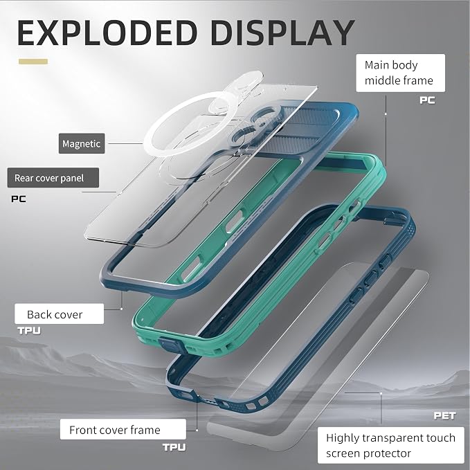 Omio Designed for iPhone 16 Waterproof Case Compatible with MagSafe, Magnetic Waterproof Full Body IP68 Underwater Case Built-in Screen Protector Military Grade Shockproof Case for Men Women Teal