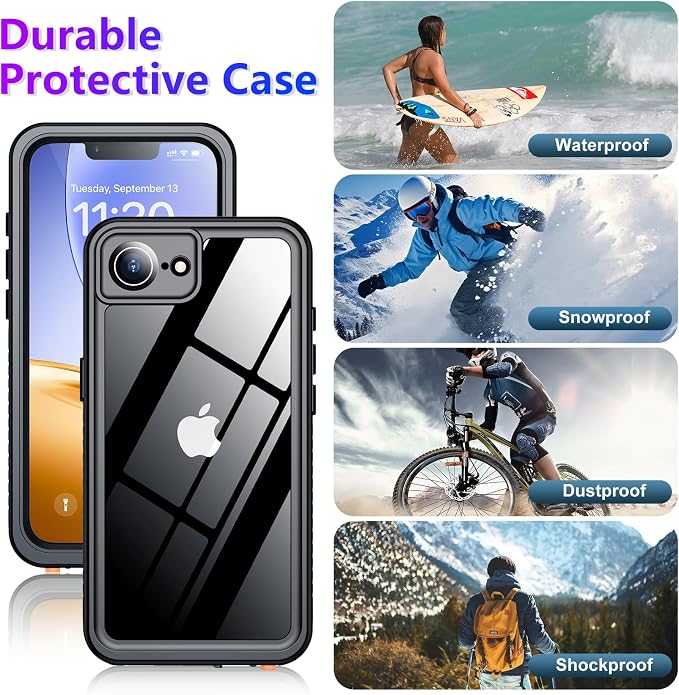 Temdan Compatible with iPhone 16e Case Waterproof, Built-in Screen & Camera Protector IP68 Underwater Full Body 16FT Military Dropproof Shockproof Phone Case for iPhone 16e 6.1"-Black/Clear