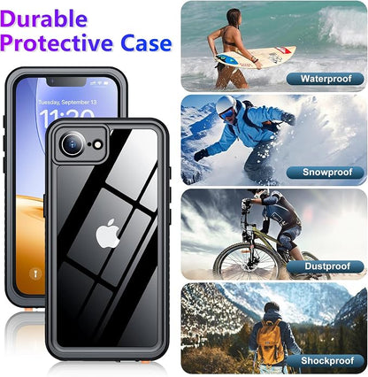 Temdan Compatible with iPhone 16e Case Waterproof, Built-in Screen & Camera Protector IP68 Underwater Full Body 16FT Military Dropproof Shockproof Phone Case for iPhone 16e 6.1"-Black/Clear