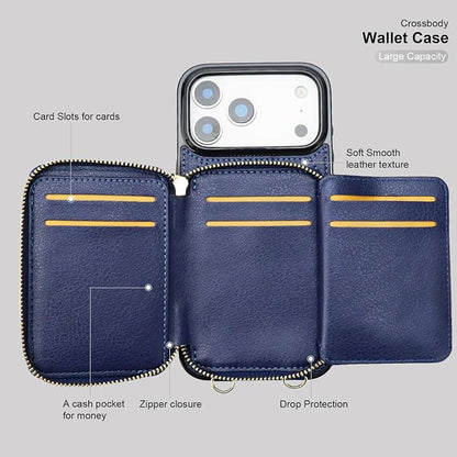 Bocasal Crossbody Wallet Case for iPhone 17 Pro Max, RFID Blocking PU Leather Zipper Handbag Purse Flip Cover, Kickstand Folio Case with Card Slots Holder Wrist Strap Lanyard 5G 6.9 Inch (Dark Blue)