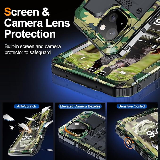 Mitywah Waterproof Case for iPhone 15 Plus, Heavy Duty Shockproof Case with Built-in Screen Protector, Full Body Underwater Protective Metal Case 6.1 inch, Camouflage