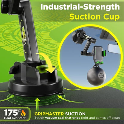 Cell Phone Mount for Truck Phone Holder for Truck Drivers - Heavy Duty Suction Cup + Dashboard Pad, iPhone Holder for Dashboard Window 16.9 inch Long, for iPhone & Samsung, Commercial Trucker, Green