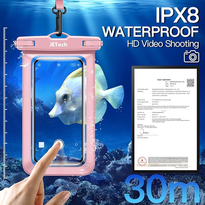 JETech Waterproof Phone Pouch, 2 Pack Water Proof Case for iPhone 17e 17 16e 16 15 14 Air Pro Max Plus, Galaxy S26 S25 Ultra, Pixel 10 Series and Others up to 7.2 Inch, IPX8 Dry Bag (Black+Pink)