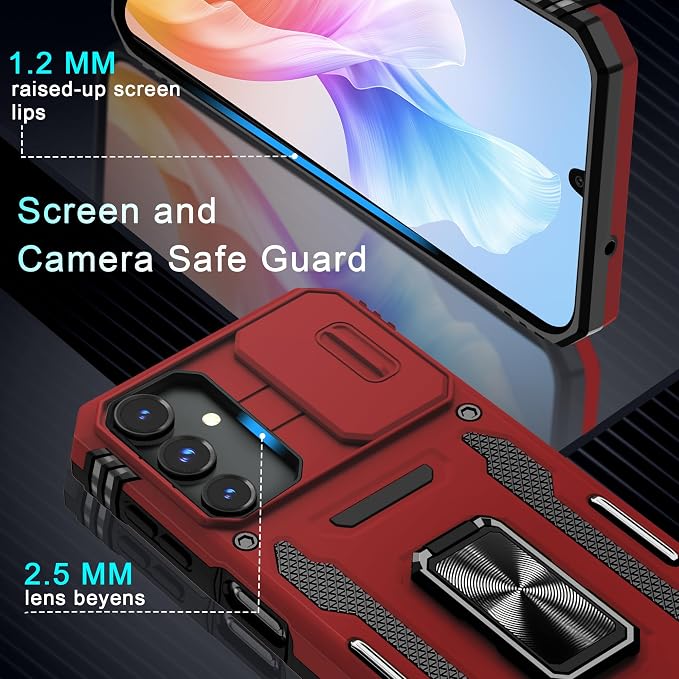 DEERLAMN Case for Samsung Galaxy A15 5G with Slide Camera Cover+Screen Protector (1 Pack), Rotated Ring Kickstand Military Grade Shockproof Protective Cover-Red