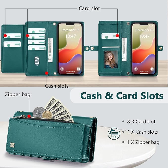 Wallet Case for iPhone 14 Plus with Card Holder/Crossbody Wallet/Strap| RFID Blocking | Magnetic | Kickstand | Detachable | PU Leather Phone Case for iPhone 14 Plus,6.7 in,Green