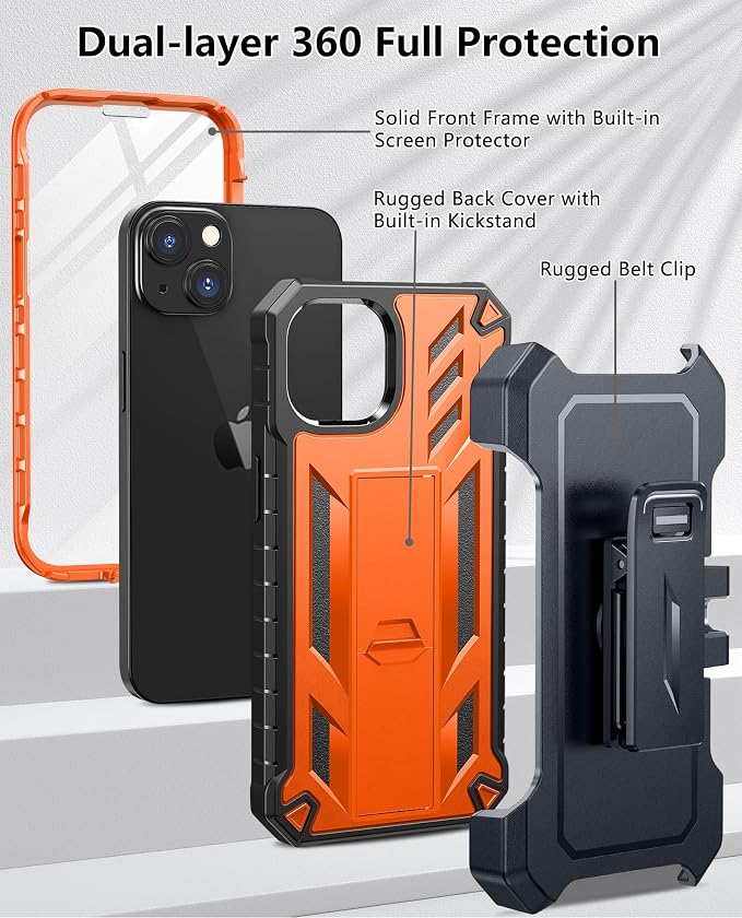 for iPhone 13/14/15 Phone Case: for iPhone 16e Protective Cover with Belt Clip Holster | Durable Dual-Layer Design with Built-in Kickstand | Heavy Duty Military Grade Hard Protection Shock Proof