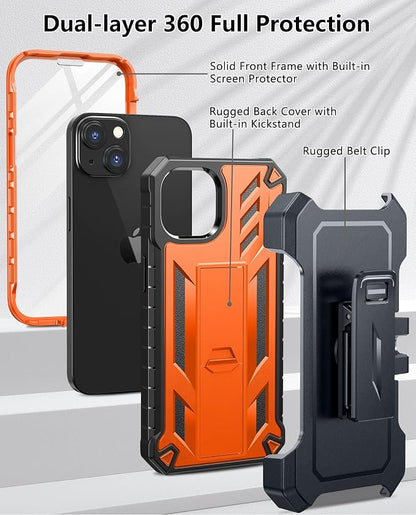 for iPhone 13/14/15 Phone Case: for iPhone 16e Protective Cover with Belt Clip Holster | Durable Dual-Layer Design with Built-in Kickstand | Heavy Duty Military Grade Hard Protection Shock Proof