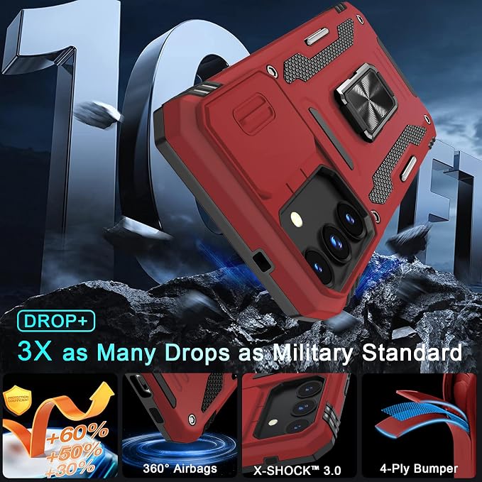 DEERLAMN Case for Samsung Galaxy S25 FE 6.7-Inch with Slide Camera Cover+Screen Protector(1 Pack), Rotated Ring Kickstand Military Grade Shockproof Protective Cover-Red