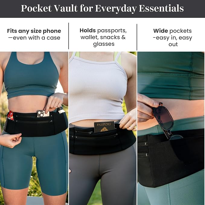 StashBandz Adjustable Running Belt - 3 Zippered Pockets + Water Bottle Holder, No-Bounce Travel Money Belt, Sports Fanny Pack, Waist Pack with Key Clip, Fits Any Size Phone, Passport & More