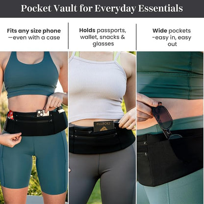 StashBandz Adjustable Running Belt - 3 Zippered Pockets + Water Bottle Holder, No-Bounce Travel Money Belt, Sports Fanny Pack, Waist Pack with Key Clip, Fits Any Size Phone, Passport & More
