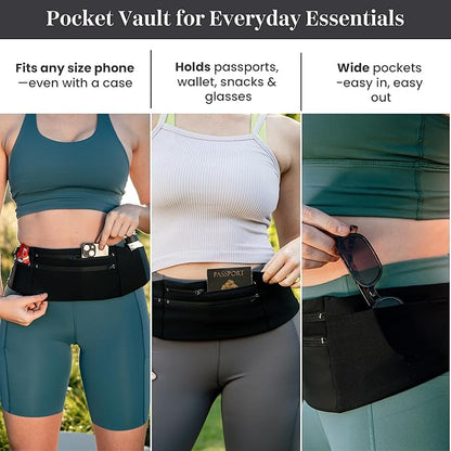StashBandz Adjustable Running Belt - 3 Zippered Pockets + Water Bottle Holder, No-Bounce Travel Money Belt, Sports Fanny Pack, Waist Pack with Key Clip, Fits Any Size Phone, Passport & More