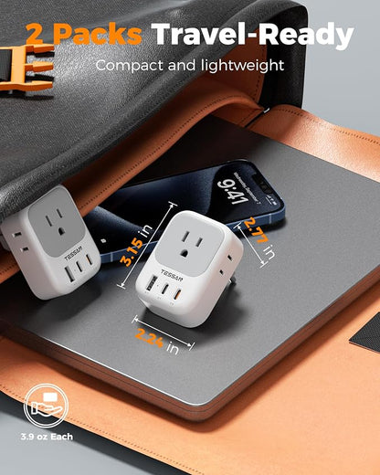 TESSAN Type E F Travel Plug Adapter PD 20W, 7 in 1 Germany France Power Adaptor with 4 Outlets 3 USB (2 USB-C), South Korea Outlet Adapters for US to Europe EU Spain Iceland Greece Portugal, 2 Pack