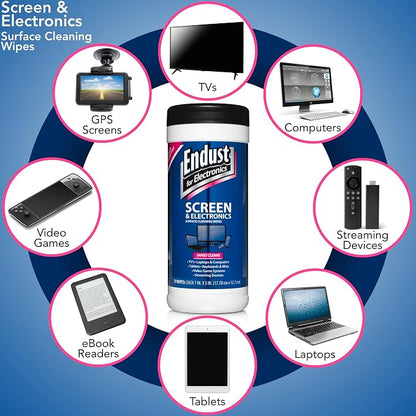 Endust For Electronics; Screen & Surface Cleaning Wipes, For TV, Phone, Computer Monitor, Laptop, Tablet, Pre-Moistened, Alcohol and Ammonia Free, 70 Count, 6 Pack (11506P6)