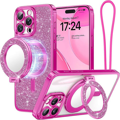 Meifigno Magnetic Case with Removable Phone Ring Stand for iPhone 16 Pro Max 6.9’’, [Glitter Card & Wrist Strap] [MagSafe Compatible] [Built in Mirror] Phone Ring Stand + Phone Case Kit, Hot Pink