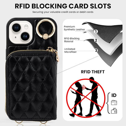 Keallce Case for iPhone 15 6.1'' Wallet Case, Crossbody Zipper Purse with Wrist Strap Lanyard Handbag for Women, RFID Blocking Card Holders, 360° Ring Kickstand Flip Leather Cover for iPhone 15, Black