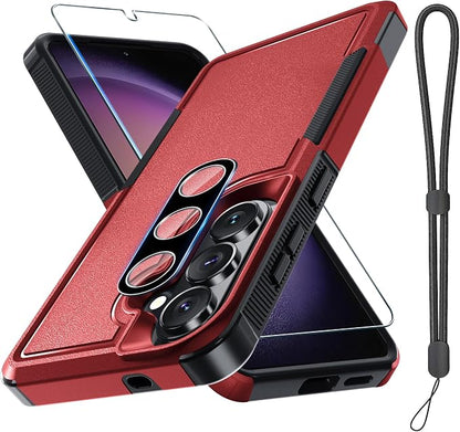 for Samsung Galaxy S26 Case with Screen Protector+Camera Lens Cover,Military Grade Heavy Duty Shockproof Phone Cover with Wrist Lanyard Strap for Samsung S26,Red