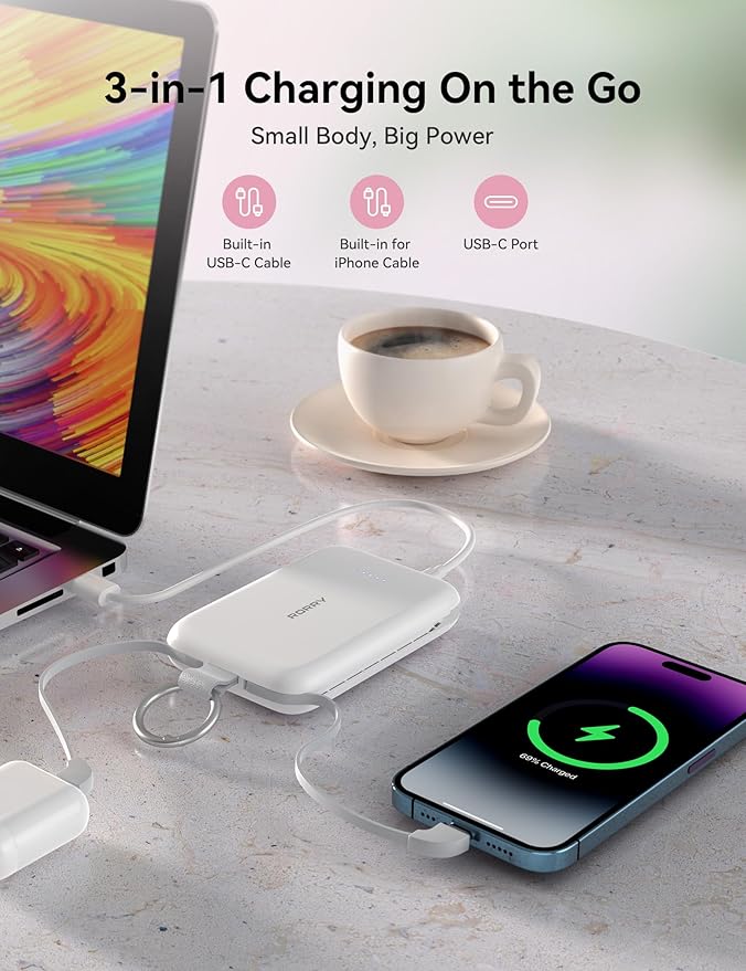 RORRY Portable Charger, 10000mAh PD 30W Fast Charging Portable Charger Power Bank with Built-in Cables, Travel Keychain Charger Battery Pack for iPhone 17/16/15/14/13/12, for AirPods 2/3/4/Pro, Pink
