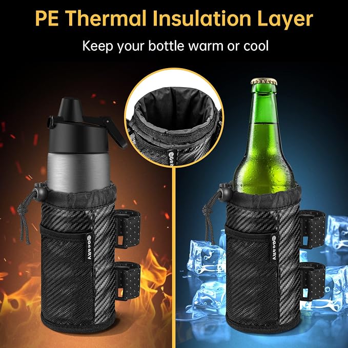 GEARV 2Pack Cup Holder for Bike, Scooter and Wheelchair, Water Bottle Holder for UTV/ATV, Walker, Golf Cart and Beach, Universal Drink Holder Accessories with Net Pocket and Cord Lock (Carbon Fiber)