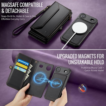 Strapurs for iPhone Air Detachable Wallet Case Compatible with Magsafe for Women, RFID Blocking 9-Card Holder Zipper Strap Lanyard PU Leather Magnetic Phone Case for iPhone 17 Air 6.5", Black