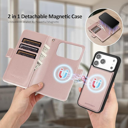 Antsturdy Compatible with Magsafe Magnetic 2 in 1 Detachable iPhone 17 Pro Wallet Case with Credit Card Holder Slots,PU Leather RFID Blocking Phone Cover Wrist Strap Zipper Women Men,Rose Gold