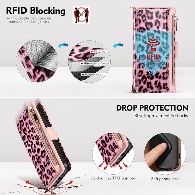 Antsturdy Compatible with iPhone 15 Wallet Case for Women【RFID Blocking】 Crossbody Phone Case PU Leather Zipper Wrist Strap Flip Cover Credit Card Holder Slots,for Apple 15 6.1",Leopard-Pink