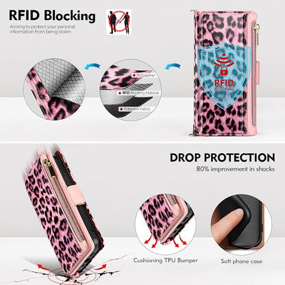 Antsturdy Compatible with iPhone 15 Wallet Case for Women【RFID Blocking】 Crossbody Phone Case PU Leather Zipper Wrist Strap Flip Cover Credit Card Holder Slots,for Apple 15 6.1",Leopard-Pink