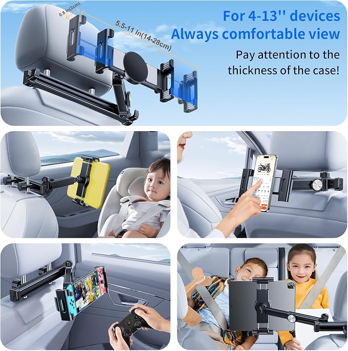 Car Tablet Headrest Holder,[3 in 1 Long Arm + Two Hook ] iPad Car Mount for Back Seat,Car Accessories Backseat Road Trip Essentials for Kids,for 4-13" Devices,iPad Pro,Air,Mini,Galaxy,Switch