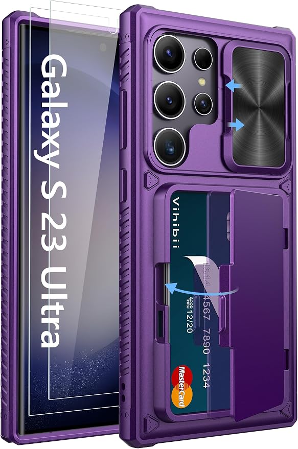 Vihibii for Samsung Galaxy S23 Ultra Case with Card Holder (4 Cards), Built-in 2X Tempered Glass Screen Protector & Slide Lens Cover & Stand, Rugged & Shockproof Phone Case for S23 Ultra, Dark Purple