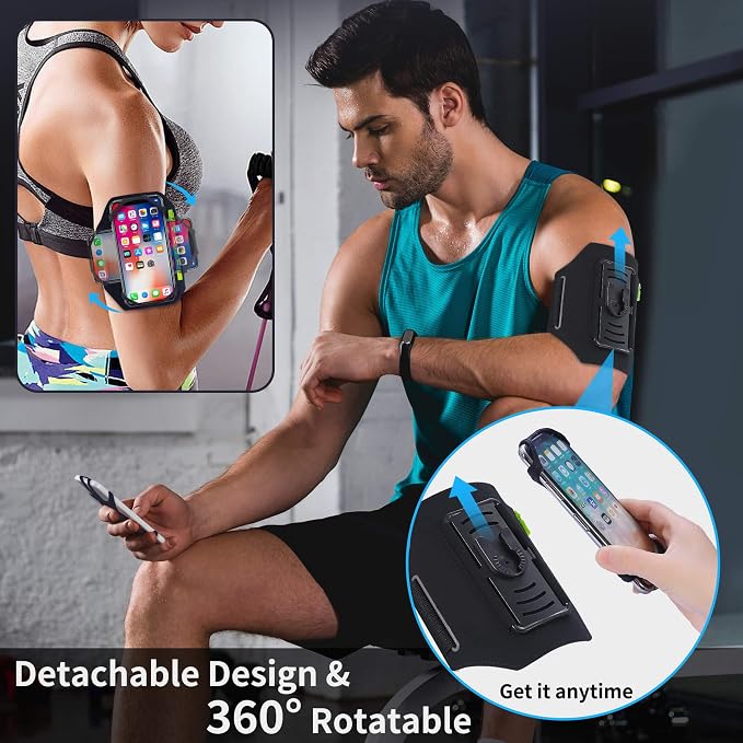 Armband & Bike Phone Holder Set- Detachable & 360° Rotatable Reflective Strap with Zipper Pocket Bag - Compatible with iPhone 16 15 Pro Max Plus Samsung Galaxy for Running Workout Sports